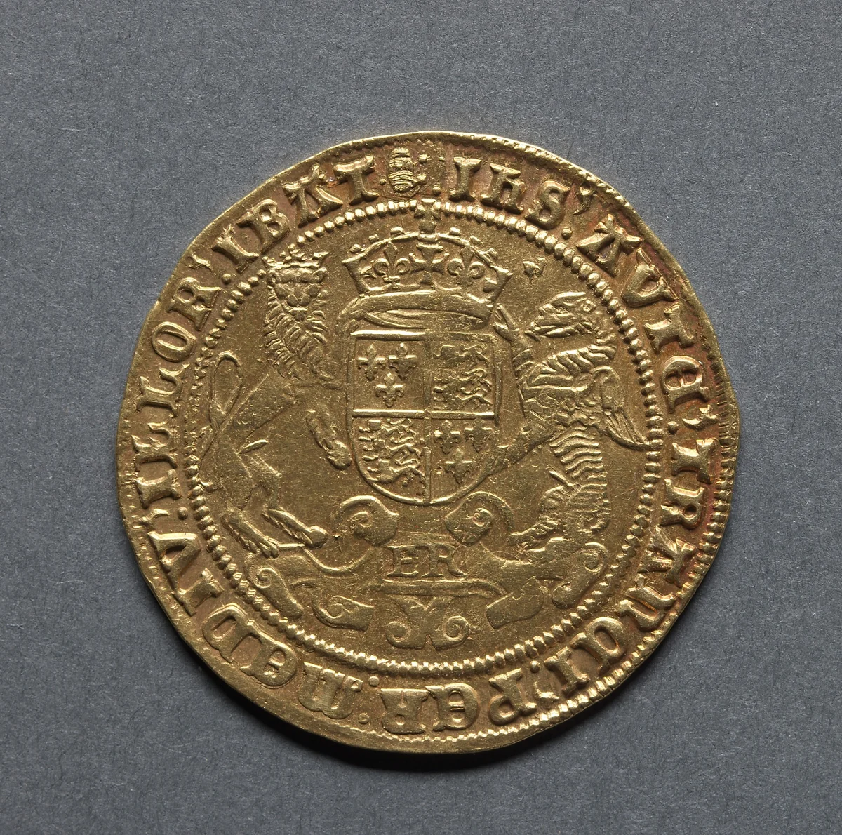 Sovereign of Twenty Shillings: Crowned Shield of Royal Arms (reverse) by Unknown, metalwork, 1550-1553