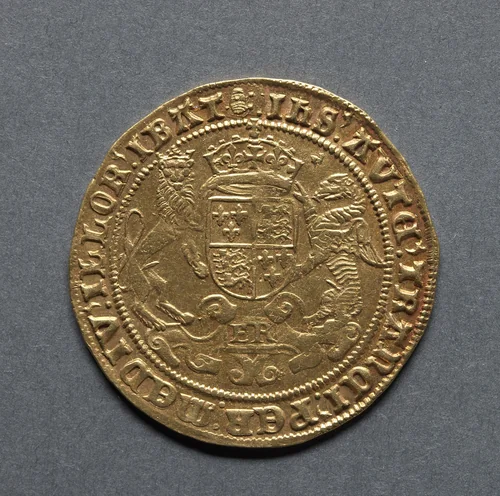 Sovereign of Twenty Shillings: Crowned Shield of Royal Arms (reverse) by Unknown, metalwork, 1550-1553