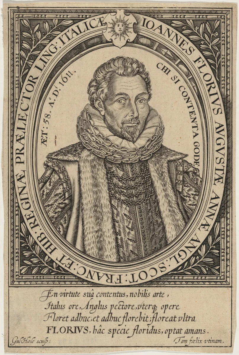 John Florio by William Hole, print, 1611