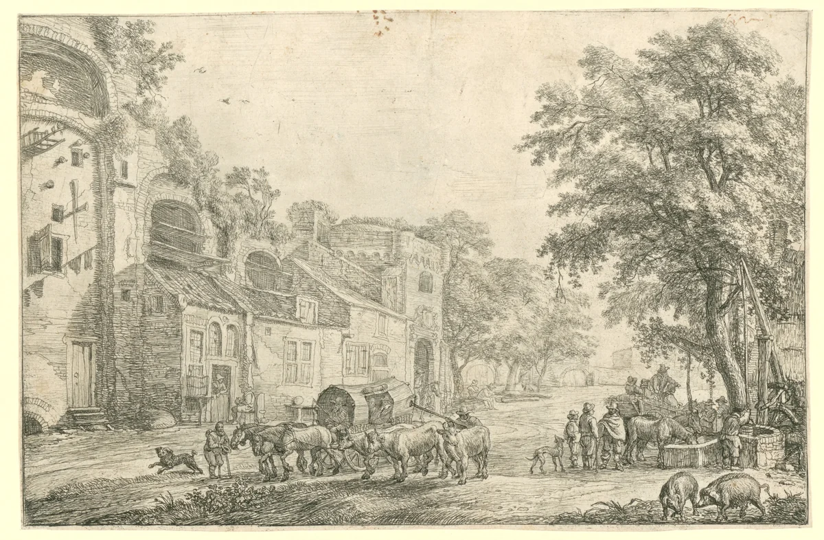 Toegangsweg van een stad by Simon de Vlieger, print, 1610-1653