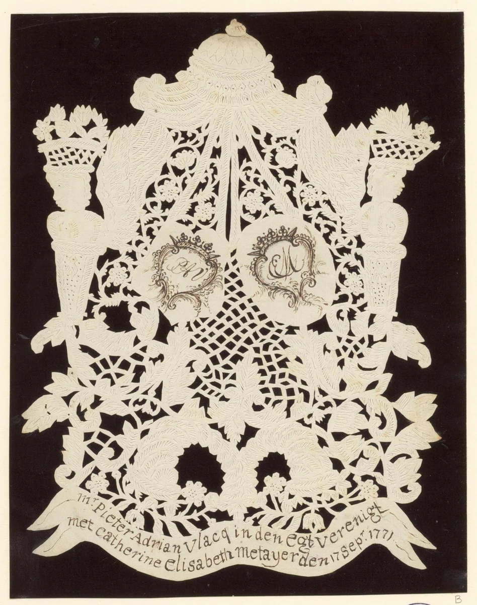 Huwelijksknipsel met twee monogrammen van Pieter Adrian Vlacq en Catherine Elisabeth Metayer by anonymous, other, 1771