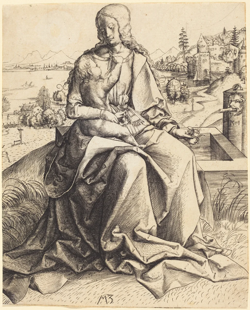 Madonna and Child at a Fountain by Master MZ, print, 1501