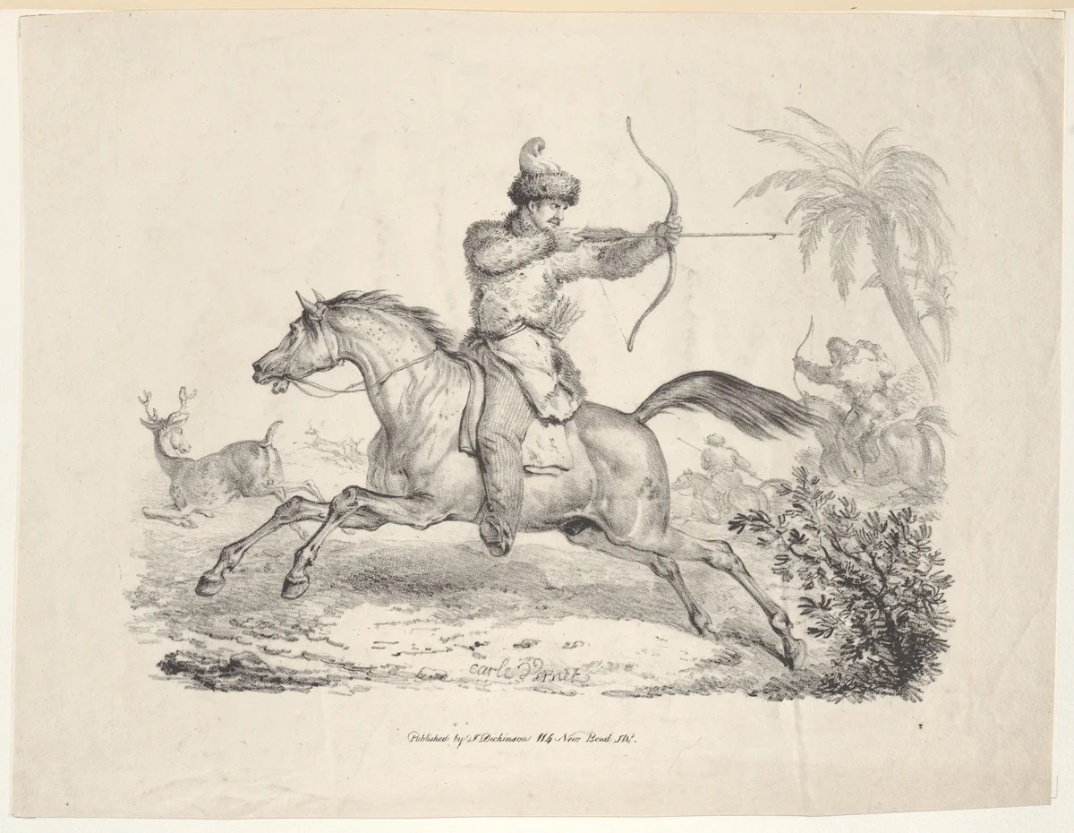 Cossacks on Horseback Hunting Deer by Antoine Charles Horace Vernet, print, 1821-1836