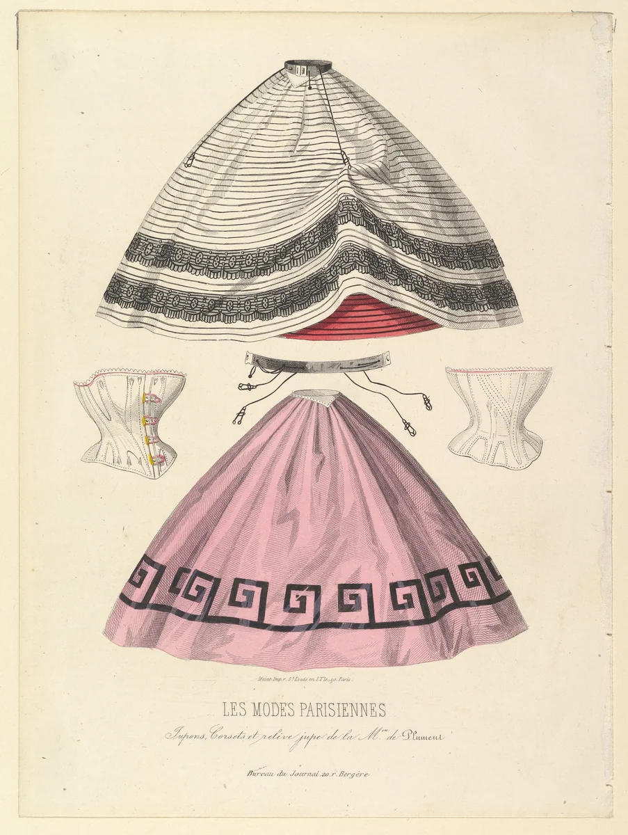 Jupons, corsets et relève jupe de la Maison de Plument, from Les Modes Parisiennes Illustrées by anonymous, print, 1862
