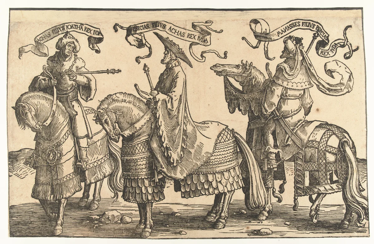 Koningen Achaz, Hizkia en Manasse by Lucas van Leyden, print, 1518-1522