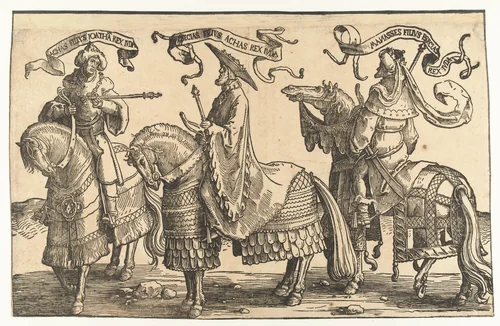 Koningen Achaz, Hizkia en Manasse by Lucas van Leyden, print, 1518-1522