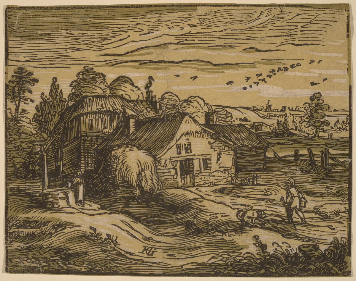 Landscape with a Farmhouse by Hendrick Goltzius, print, 1592-1595
