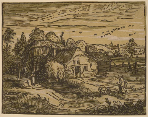 Landscape with a Farmhouse by Hendrick Goltzius, print, 1592-1595