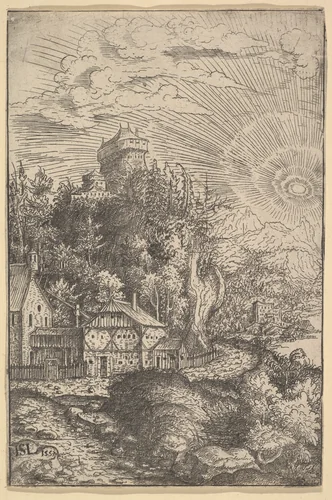 Landscape with a Castle Perched on a Rock by Hanns Lautensack, print, 1553