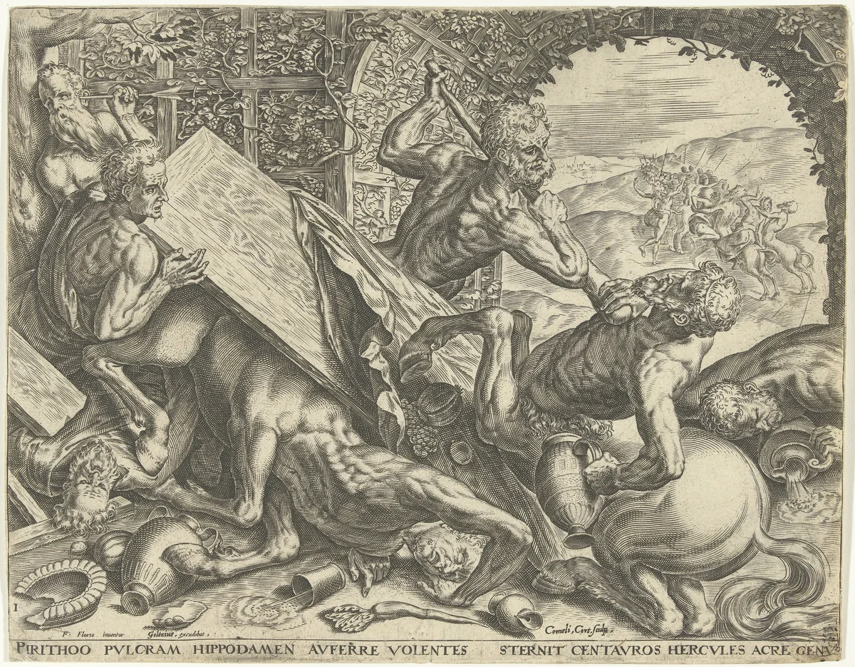 Hercules voorkomt de roof van Hippodamia door de centauren by Unknown, print, 1563-1595
