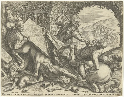 Hercules voorkomt de roof van Hippodamia door de centauren by Unknown, print, 1563-1595