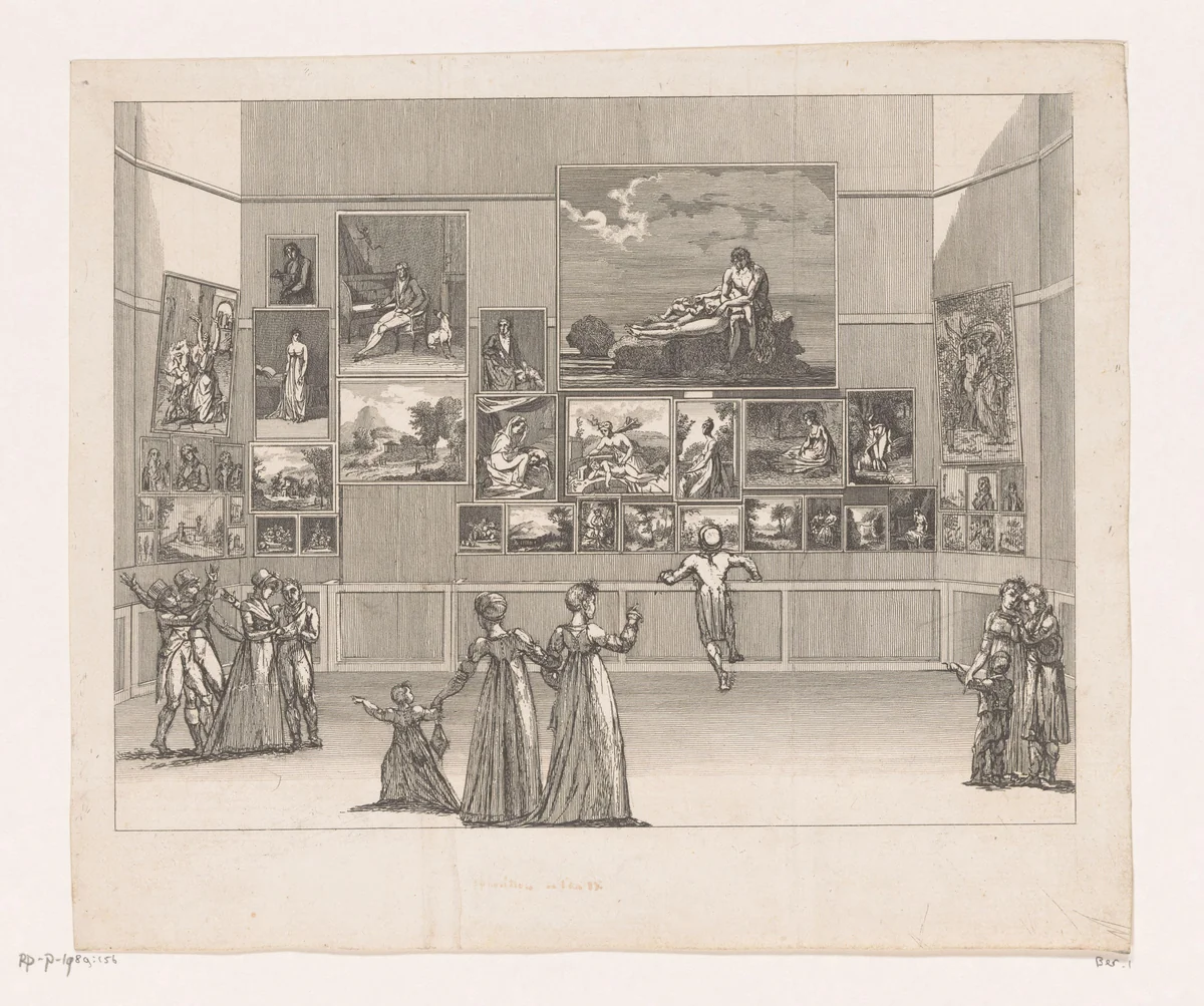 Gezicht op een schilderijengalerij met elf figuren in het Musée du Louvre by Antoine Maxime Monsaldy, print, 1800-1801