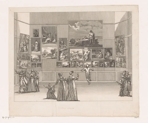 Gezicht op een schilderijengalerij met elf figuren in het Musée du Louvre by Antoine Maxime Monsaldy, print, 1800-1801