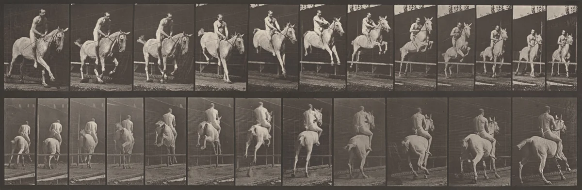 Plate Number 647. "Pandora" jumping a hurdle, bareback; rider nude by Eadweard Muybridge, photograph, 1887