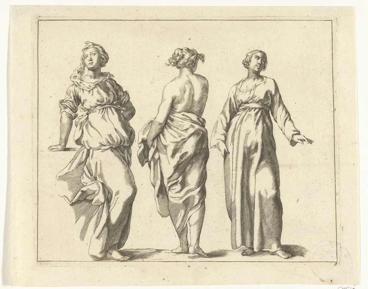 Drie vrouwen by anonymous, print, 1670-1706