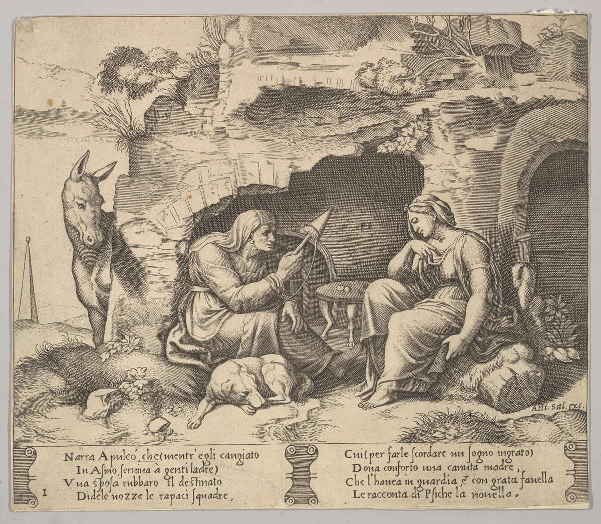 Plate 1: Apuleius changed into a donkey listening to the story told by the old woman spinning by Master of the Die, print, 1520-1570