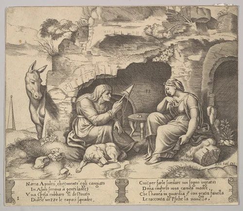Plate 1: Apuleius changed into a donkey listening to the story told by the old woman spinning by Master of the Die, print, 1520-1570