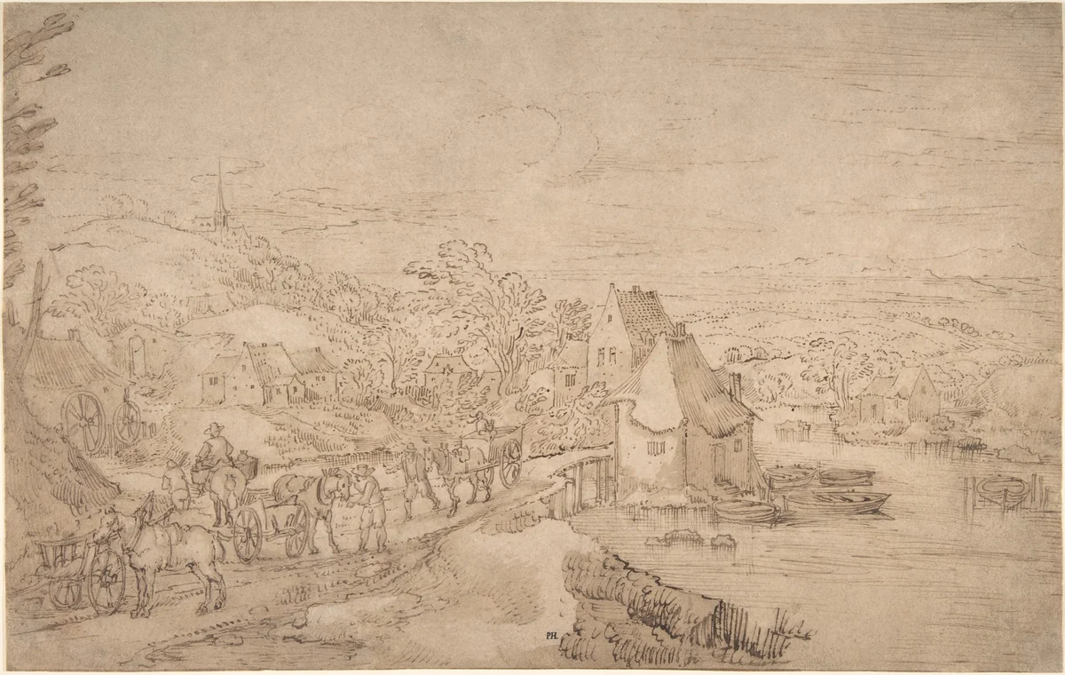 River Landscape with Wagons on a Road near a Village by Joos de Momper, drawing, 1586-1631