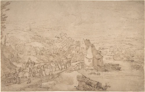 River Landscape with Wagons on a Road near a Village by Joos de Momper, drawing, 1586-1631