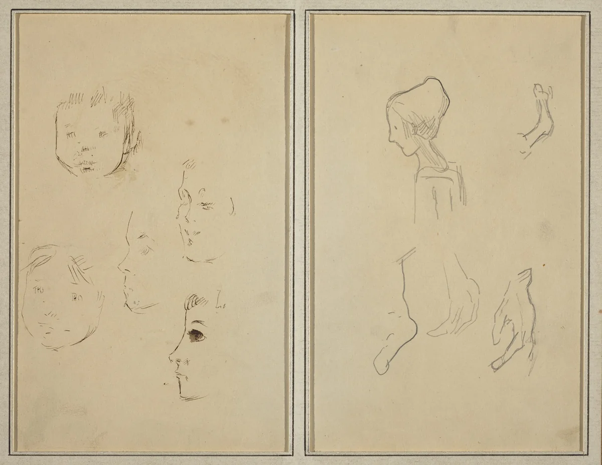Five Studies of Heads; A Boy in Profile with Studies of Hands and Feet [verso] by Paul Gauguin, drawing, 1884-1888