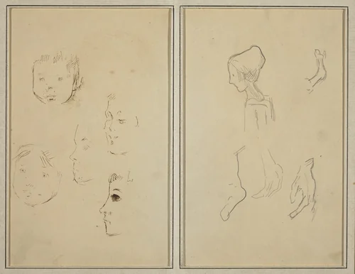Five Studies of Heads; A Boy in Profile with Studies of Hands and Feet [verso] by Paul Gauguin, drawing, 1884-1888