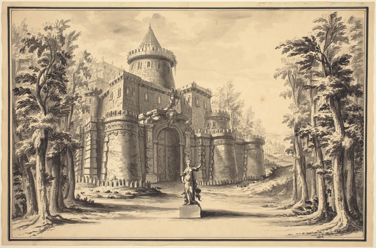 A Stage Set with a Statue and a Palace by Daniel Marot the Younger, drawing, 1730-1739
