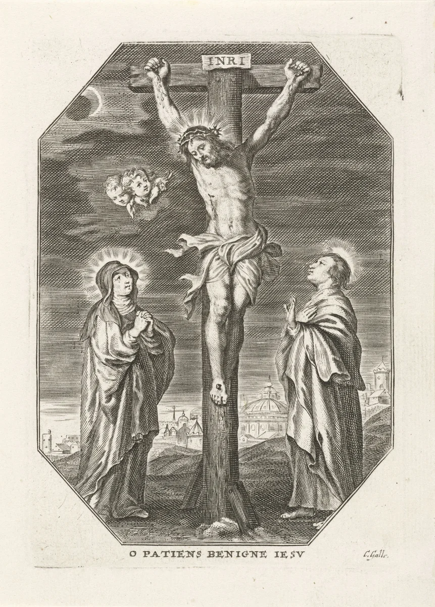 Christus aan het kruis met Maria en Johannes by Unknown, print, 1586-1650