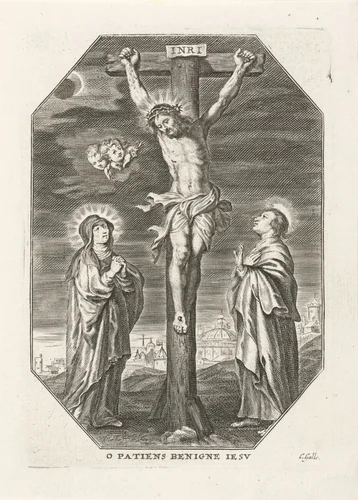 Christus aan het kruis met Maria en Johannes by Unknown, print, 1586-1650