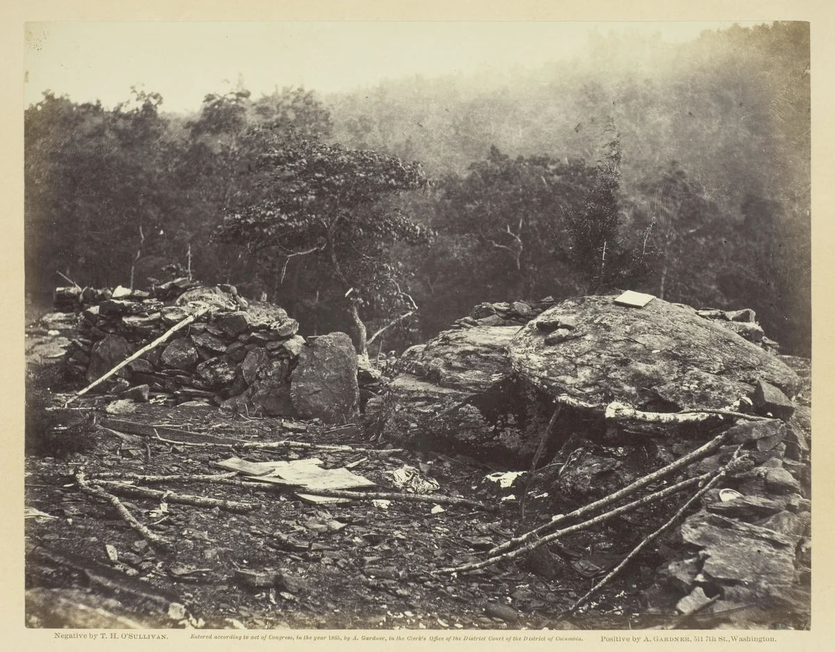 Interior of Breastworks on Round Top, Gettysburg by Timothy O'Sullivan, photograph, 1863