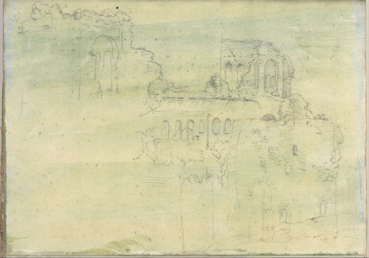 Roman ruins (Smaller Italian sketchbook, leaf 12 recto) by Joseph Wright, drawing, 1774-1775