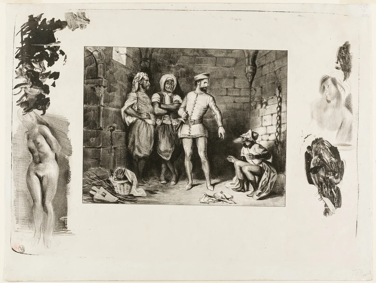 Fronte-boeuf and the Jew, from Ivanhoe by Eugène Delacroix, print, 1829