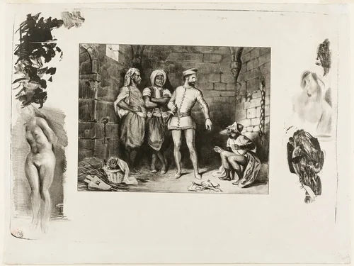 Fronte-boeuf and the Jew, from Ivanhoe by Eugène Delacroix, print, 1829