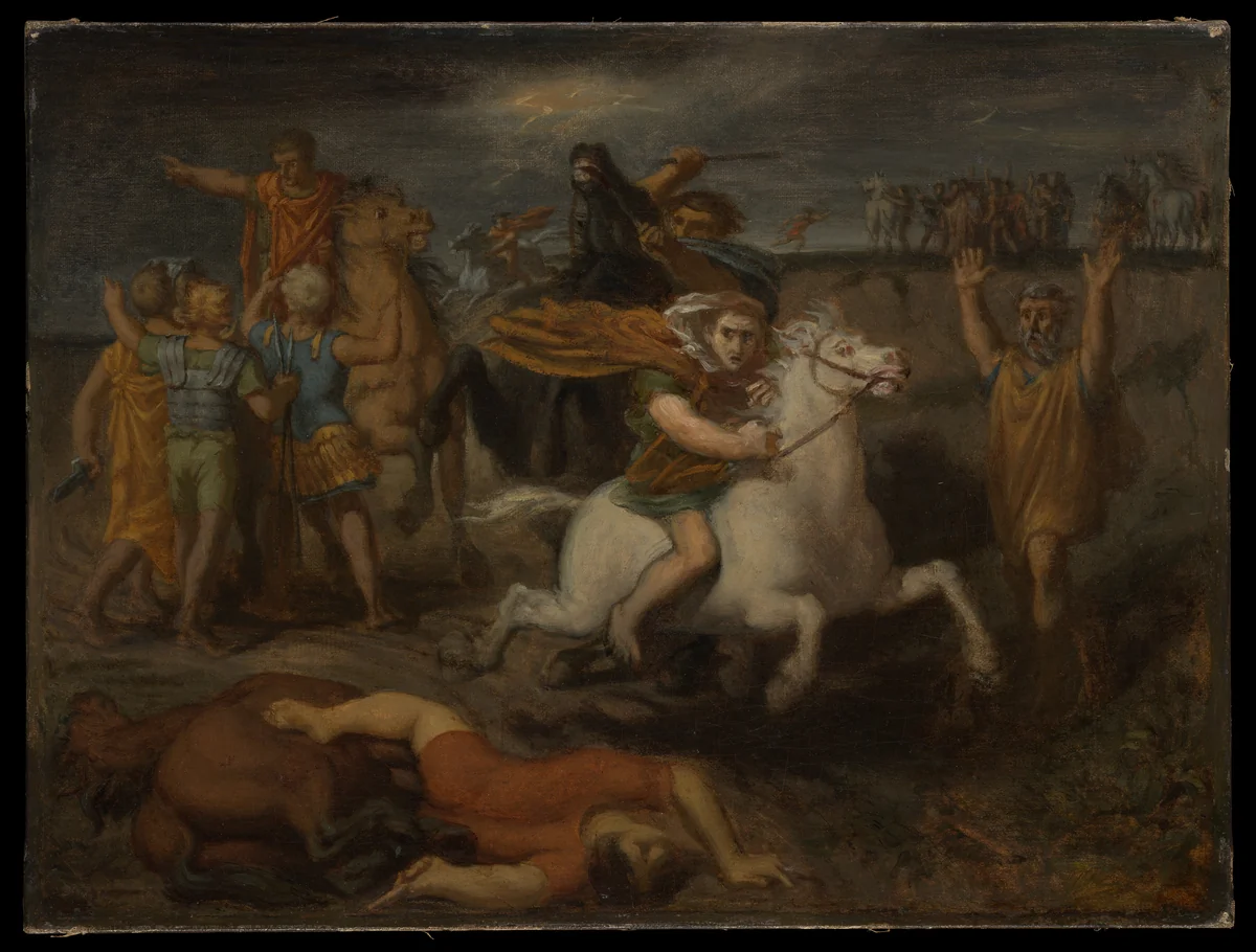 Scene from the Gallic Wars: The Gaul Littavicus, Betraying the Roman Cause, Flees to Gergovie to Support Vercingétorix by Théodore Chassériau, painting, 1838-1840