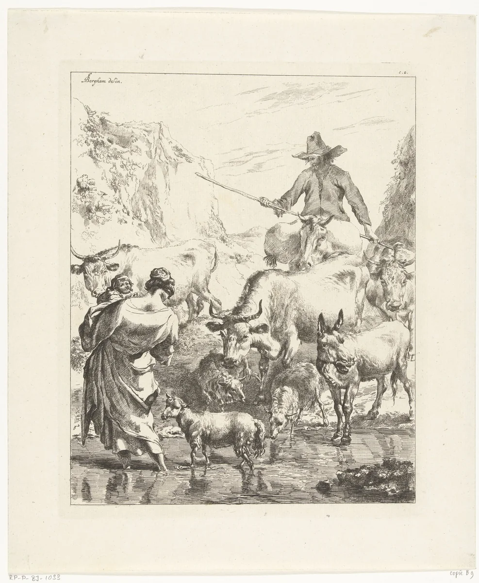 Herder met kudde steekt beek over by anonymous, print, 1652-1733
