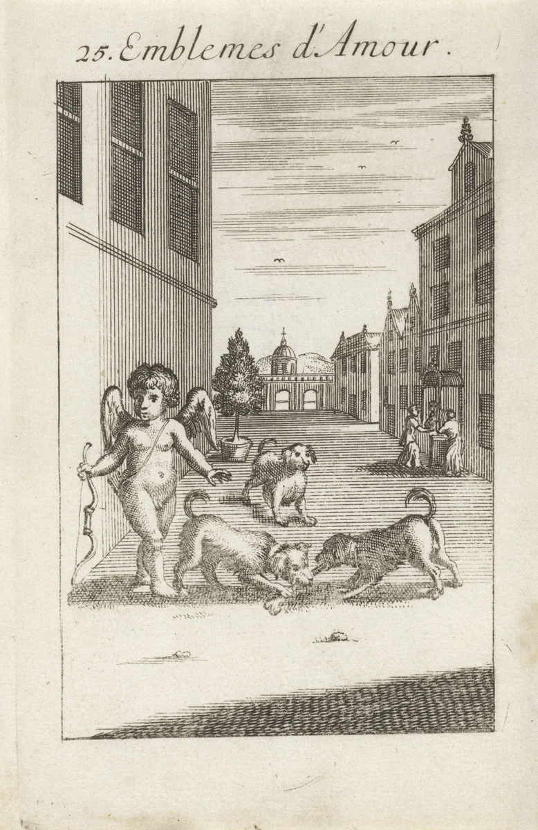 Amor bij twee vechtende honden by Jan van Vianen, print, 1686
