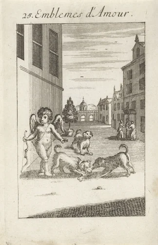 Amor bij twee vechtende honden by Jan van Vianen, print, 1686