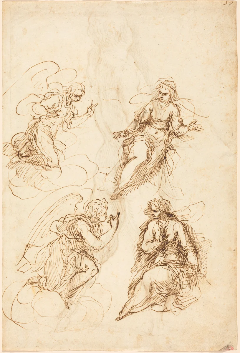 Studies for an Annunciation [recto] by Jacopo Palma il Giovane, drawing, 1548-1628