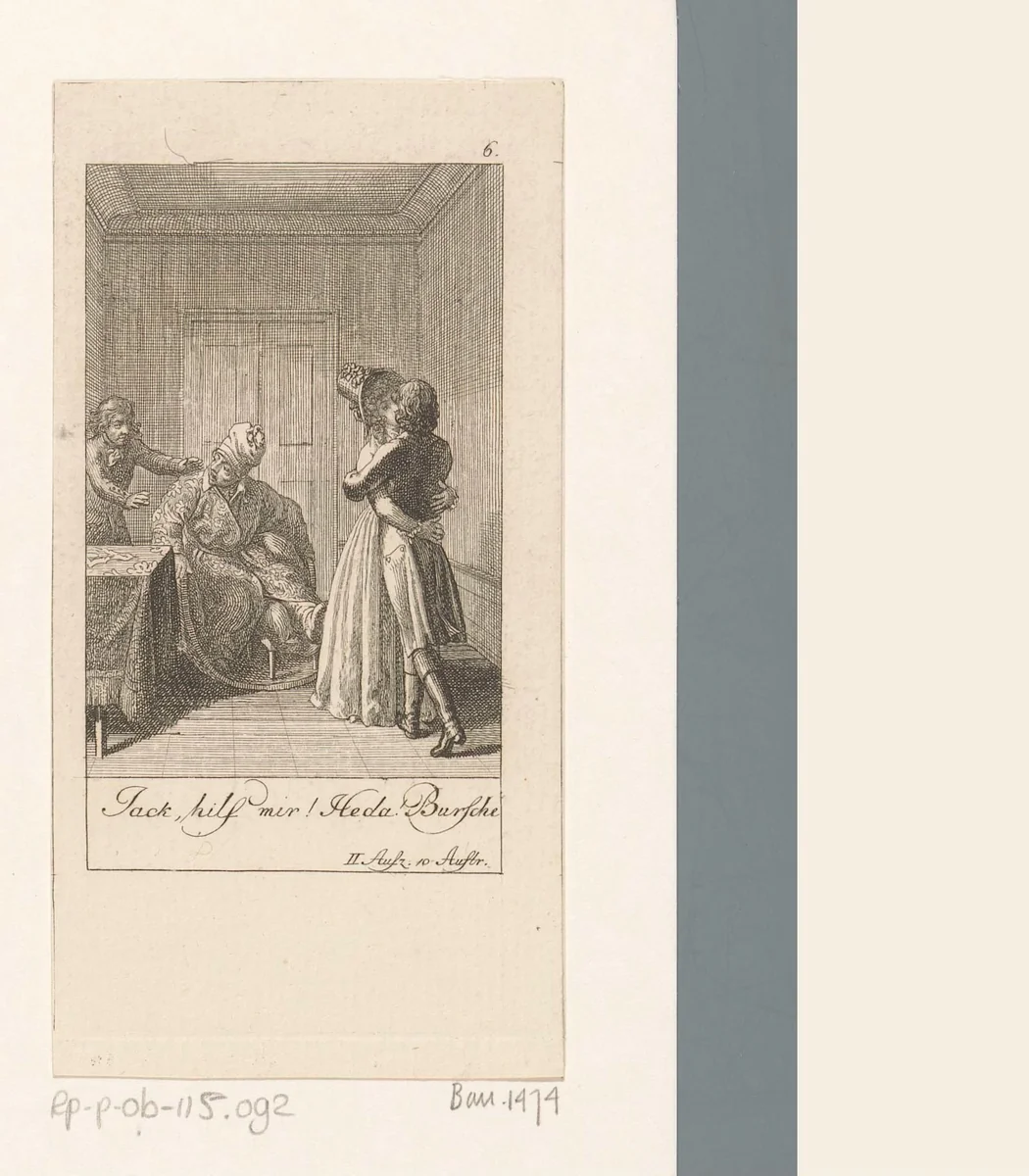 Sir John vraagt hulp bij het opstaan uit zijn rolstoel by Daniel Nikolaus Chodowiecki, print, 1790