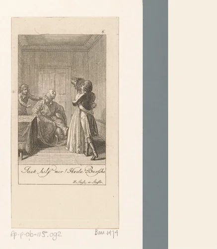 Sir John vraagt hulp bij het opstaan uit zijn rolstoel by Daniel Nikolaus Chodowiecki, print, 1790