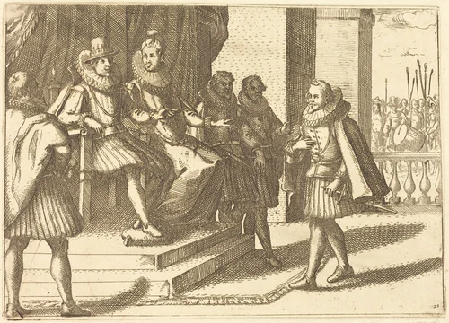 King and Queen in Consultation about the Turks by Jacques Callot, print, 1612
