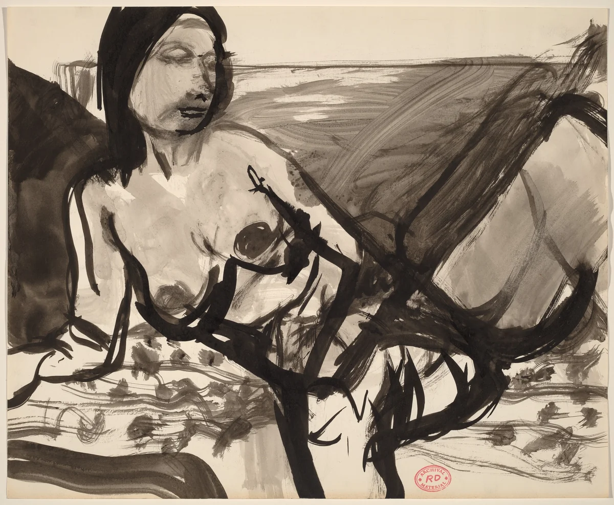 Untitled [female nude resting on a patterned cushion] by Richard Diebenkorn, drawing, 1955-1967