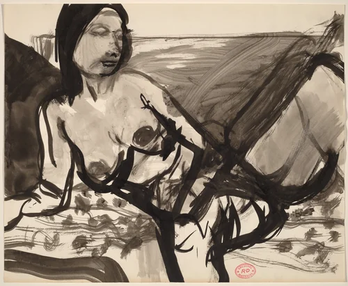 Untitled [female nude resting on a patterned cushion] by Richard Diebenkorn, drawing, 1955-1967