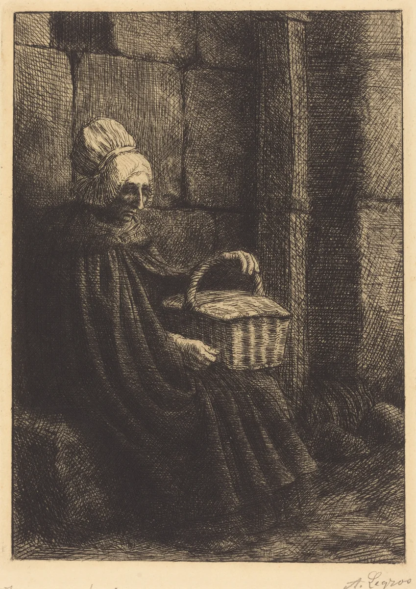 Peasant Woman of Boulogne (Paysanne des environs de Boulogne dite La femme au panier) by Alphonse Legros, print, 1837-1911