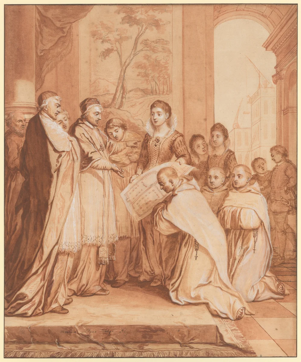 Scene 31: Foundation of a second Feuillant monastery in Rome, dedicated to Saint Bernard, in 1594, thanks to the generosity of Caterina de' Nobili, niece of Pope Julius III and widow of Count Sforza Sforza di Santa Fiora by Matthieu Elias, drawing, 1706