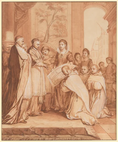Scene 31: Foundation of a second Feuillant monastery in Rome, dedicated to Saint Bernard, in 1594, thanks to the generosity of Caterina de' Nobili, niece of Pope Julius III and widow of Count Sforza Sforza di Santa Fiora by Matthieu Elias, drawing, 1706