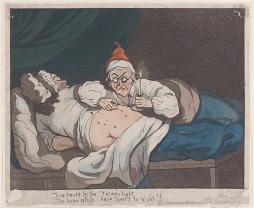 Five times by the Taper's light, The hour glass I have turn'd to night!! by Thomas Rowlandson, print, 1793