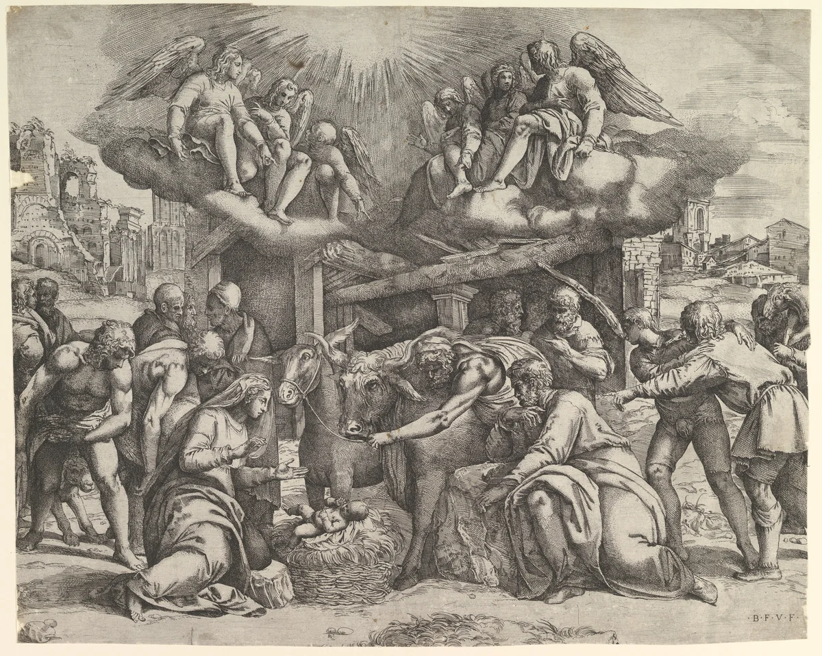 The Adoration of the Shepherds with angels overhead by Battista Franco, print, 1525-1566