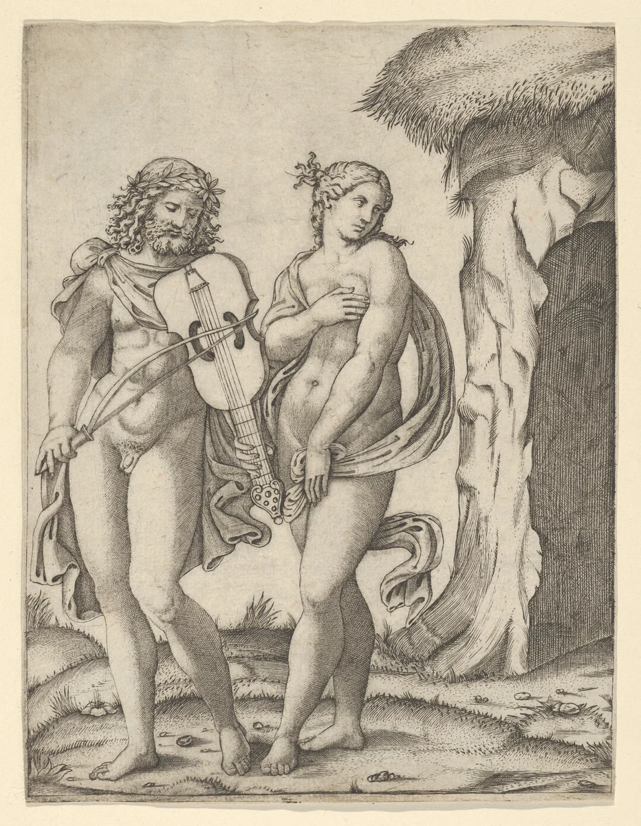 Orpheus standing at left playing the violin, Eurydice at right covering herself by Marcantonio Raimondi, print, 1504-1514
