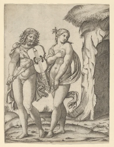 Orpheus standing at left playing the violin, Eurydice at right covering herself by Marcantonio Raimondi, print, 1504-1514