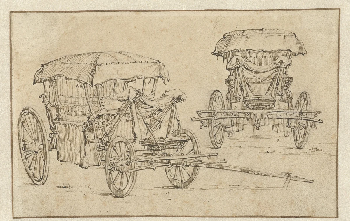 Reiswagen uit twee verschillende hoeken gezien by Jan van de Velde, drawing, 1603-1641